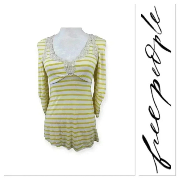 Free People yellow and white striped shirt with lace trim size small - Picture 1 of 10